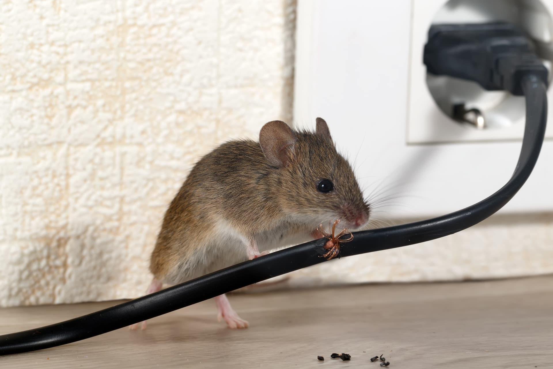A mouse gnawing an electrical cable inside a home — the kind of damage rodents cause