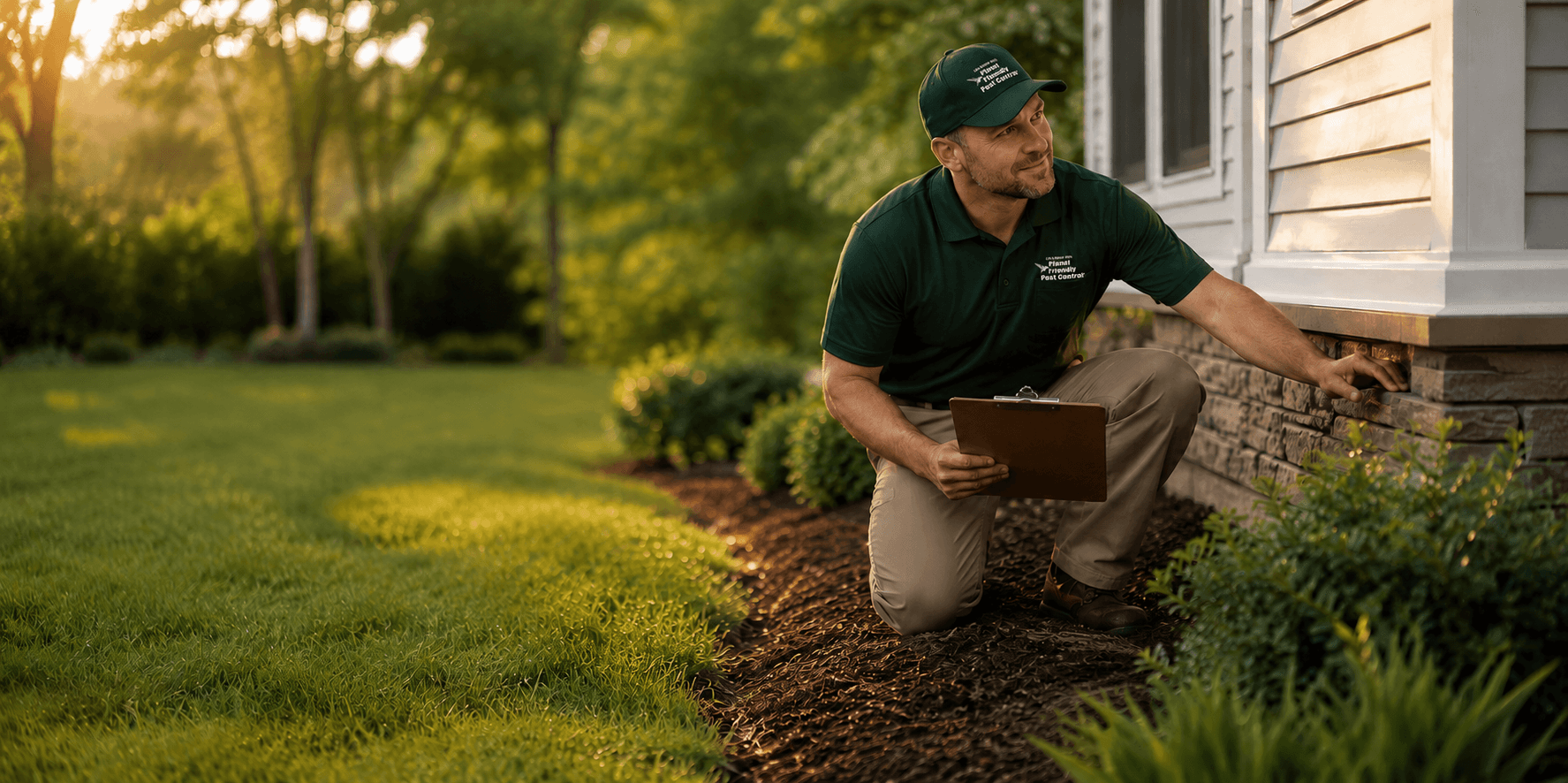 A Planet Friendly Pest Control technician inspecting the exterior foundation of a home
